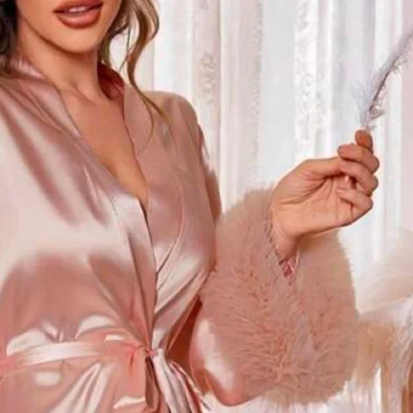 Valentines Pink Satin Smooth Belted Robe Kimono - Picture 7 of 12